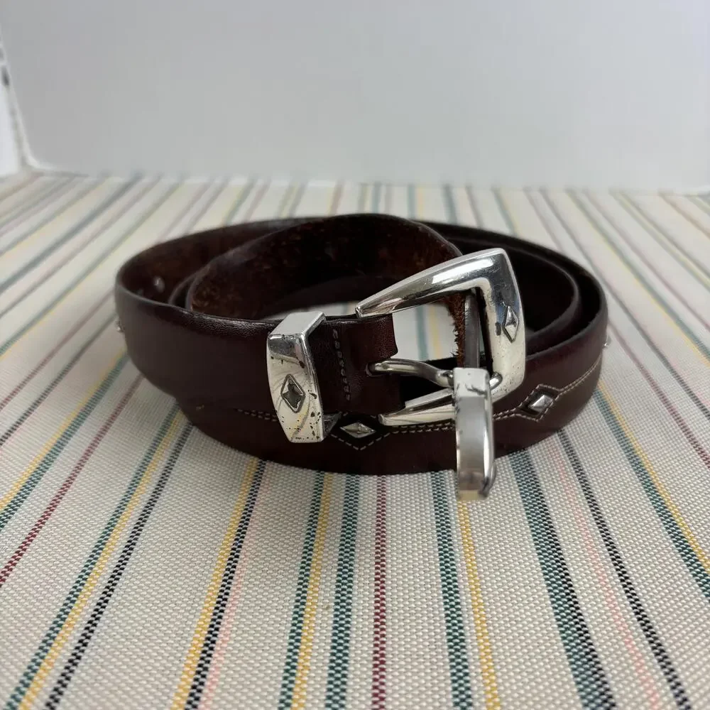 Brighton Belt Mens 48 Brown Leather Studded Western Diamond Silver Buckle Tip